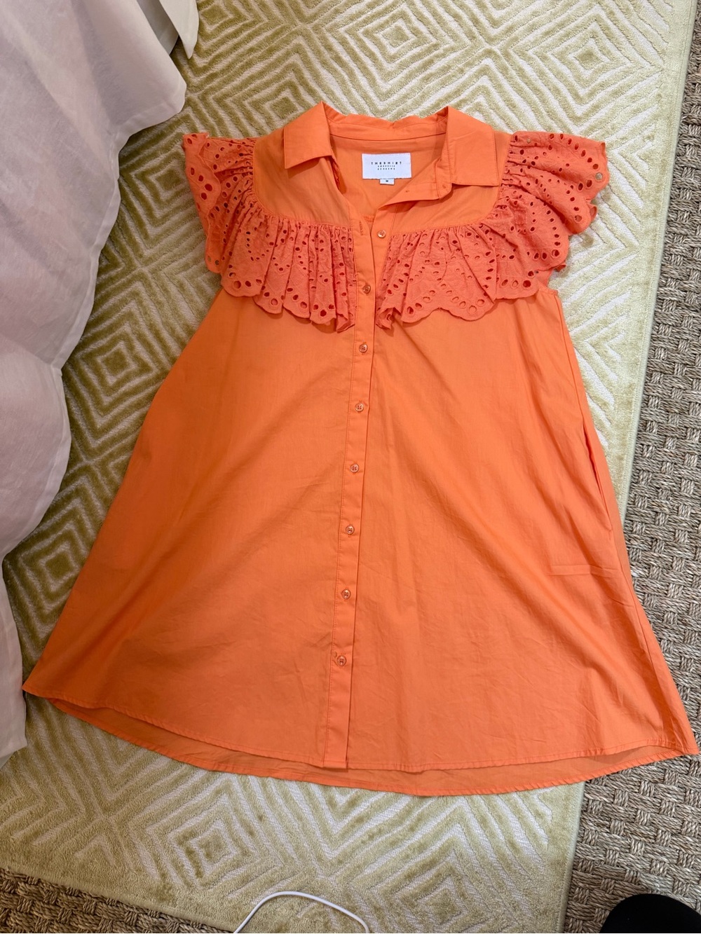 The Shirt by Rochelle Behrens Orange Eyelet Ruffle Button-Front Dress